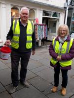 Rotarians Paul Saxby & Kate Heythornthwaite collecting in Melton 